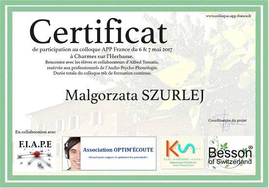 Certyfikat uczestnictwa w konferencji - Małgorzata Szurlej